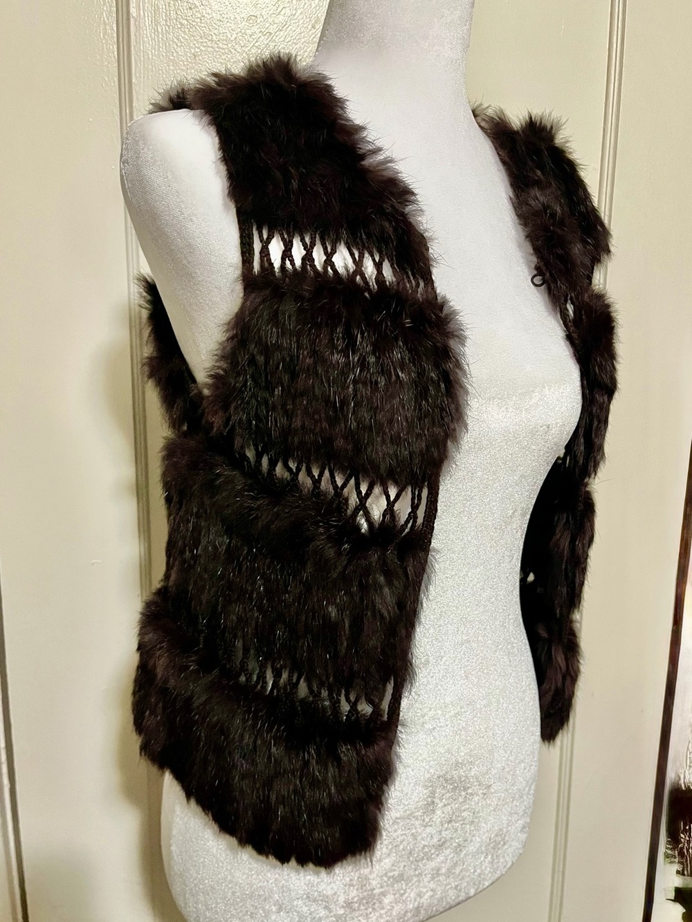 BCBG Women’s Dark Brown Rabbit Fur Crochet Open Front Vest
